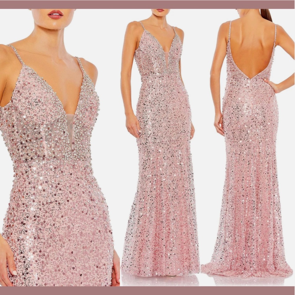 NWT $598 Mac Duggal [ 14 ] Embellished Plunge Neck Trumpet Gown Rose‎ Pink